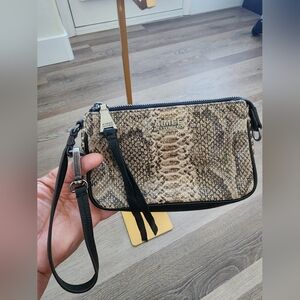 Aimee Kestenberg Tan/Black Snake Print Wristlet/shoulder Bag. Genuine Leather.